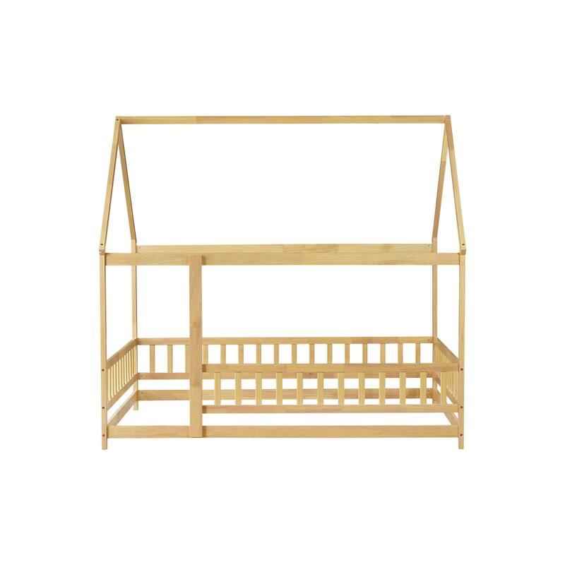 Full Size Wooden House Floor Bed with Roof Frame and Safety Guardrails, Natural Finish