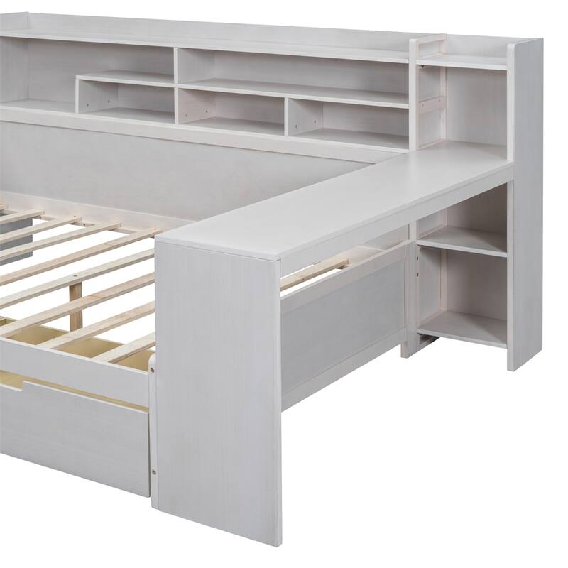 Full Size Wooden Daybed with Storage Shelves and Study Desk