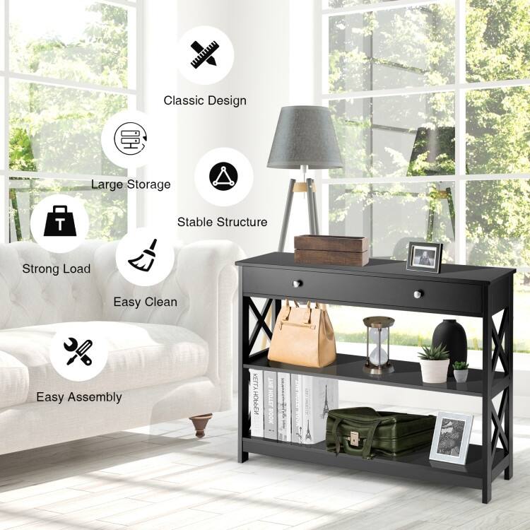Console Table 3-Tier with Drawer and Storage Shelves - 39''x 12''x 31''(L x W x H)