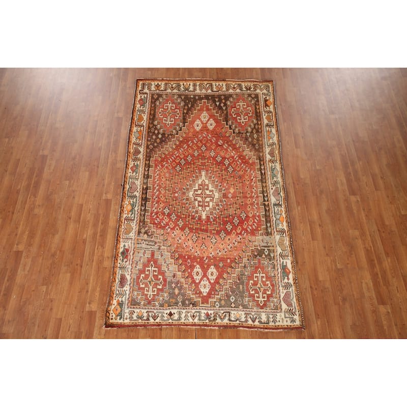 Geometric Shiraz Persian Vintage Area Rug Handmade Orange Wool Carpet - 5'0"x 8'9"