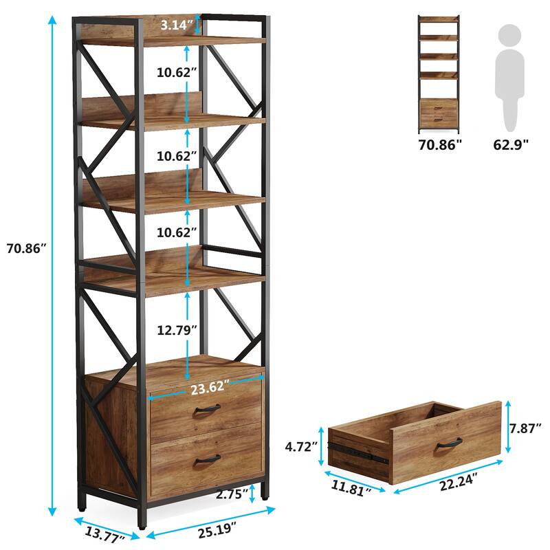 5-Tier Bookshelf Industrial Bookcase with 2 Drawers