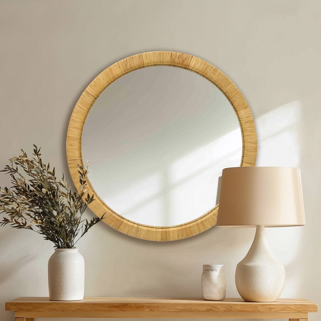 Anmytek Natural Rattan Round Wall Mirror with D-Ring Hangers - 35.8inch Height