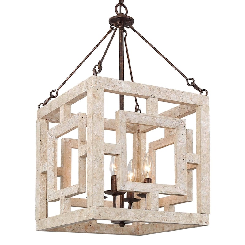 Modern Farmhouse 4-Light Pendant Wood Rustic Square Island Lights - W 13.5" x D 13.5" x H 26"