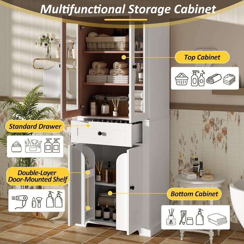 67.2" Tall Bathroom Storage Cabinet - Tempered Glass Doors, Adjustable Shelves & Drawer, Soft-Close Linen Tower