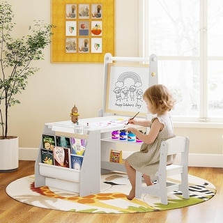 Kids Learning Table Chair Set Dual-Sided Easel Whiteboard Paper Roll