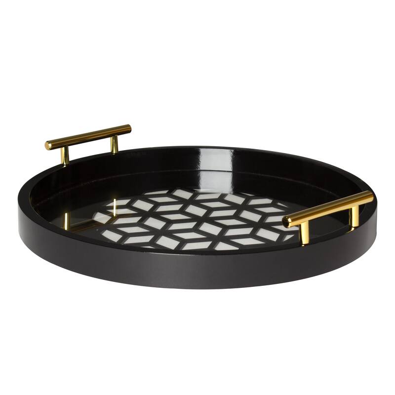 Kate and Laurel Caspen Round Pattern Decorative Metal Handles Tray - Black - 15.5" Diameter