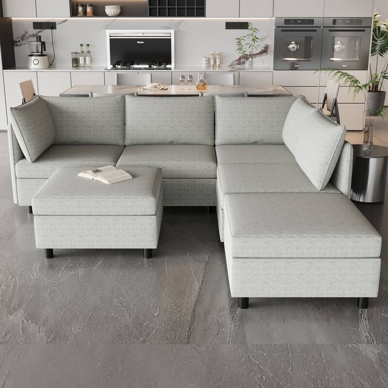 Grey 68" L-Shaped 6-Seater Modular Sofa - Grey