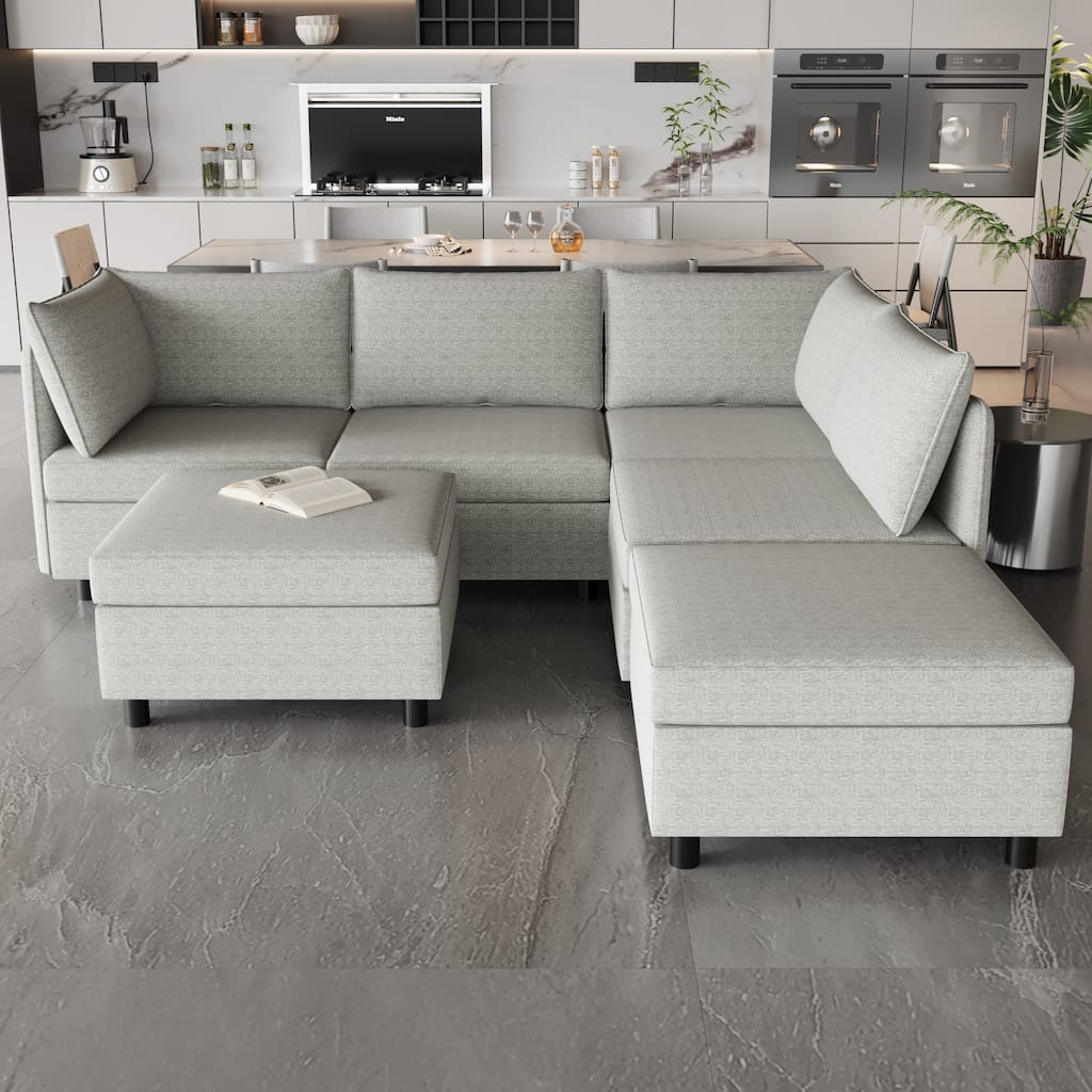 Grey 68'' L-Shaped 6 Seater Modular Sectional Sofa with Storage, Convertible Ottoman, High-Density Foam and Pocket Springs