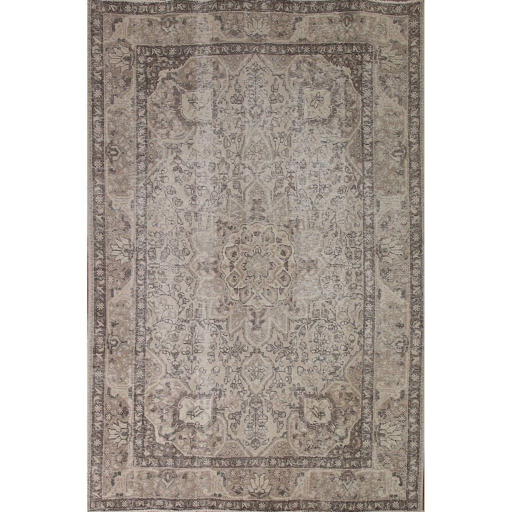 Distressed Tabriz Persian Antique Rug Handmade Oriental Wool Carpet - 6'7" x 9'2"