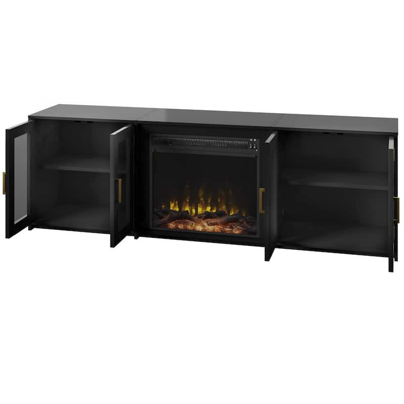 TV Stand for TVs up to 80" with Electric Fireplace and Glass Cabinet Doors