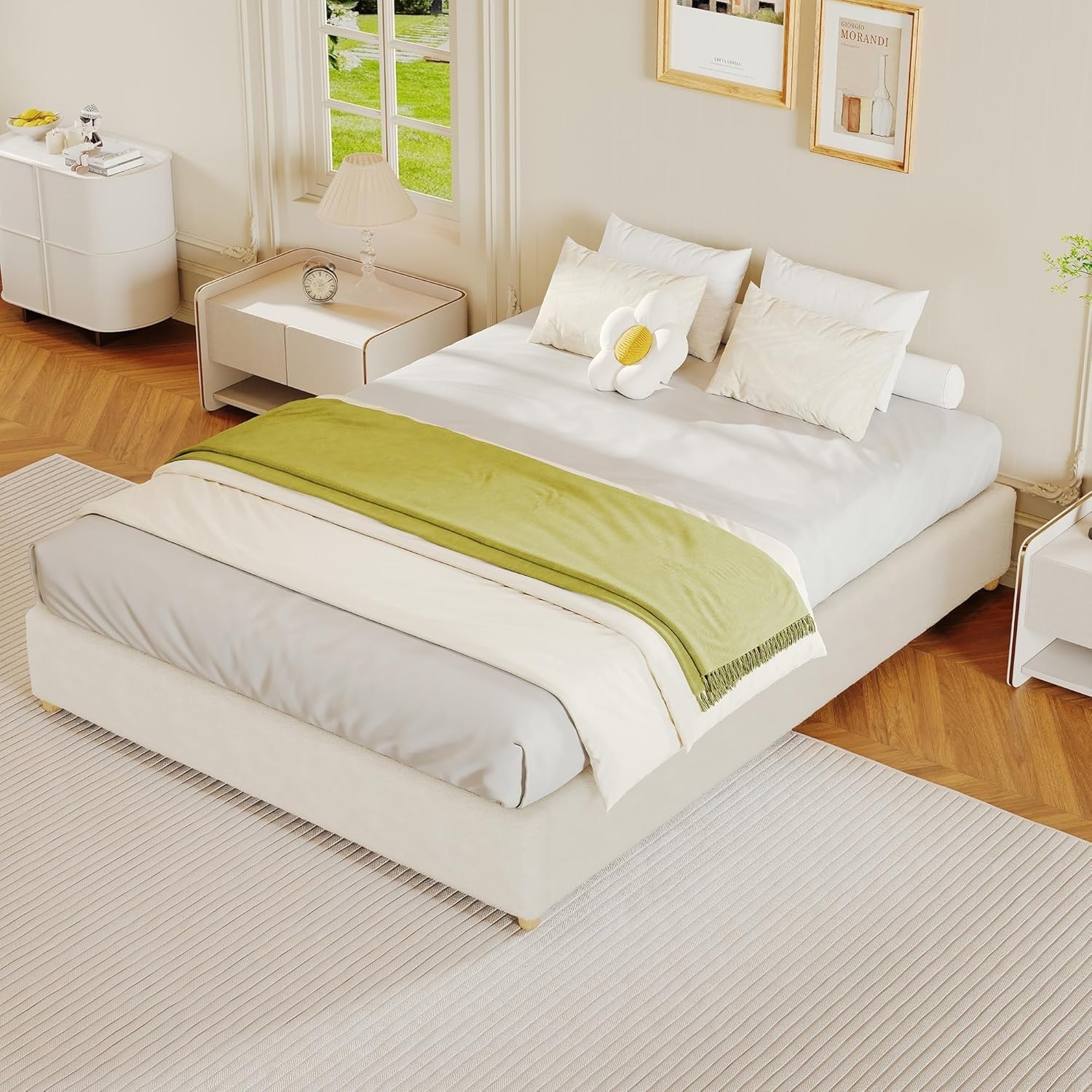 Queen Cloud Bed Frame, Corduroy Upholstered Low Platform Bed with Wood Legs, No Box Spring, Beige