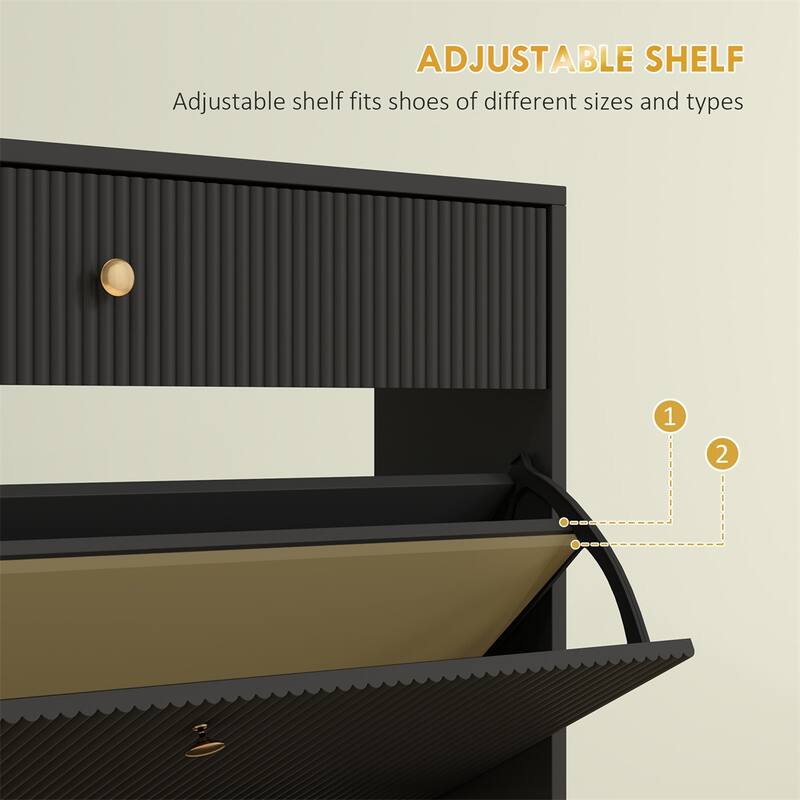 Modern Shoe Cabinet with Flip Storage Drawers and Gold Handles Adjustable Shelves for 12 Pairs - 31.5" W x 9.4" D x 40" H