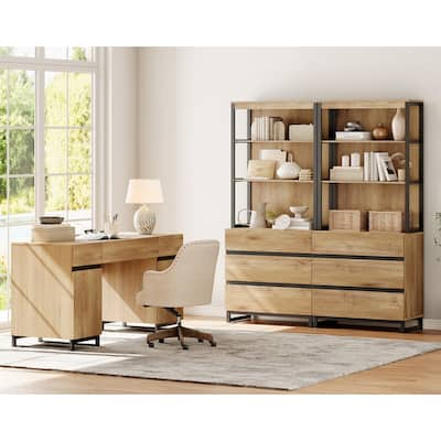 WAMPAT 59" Executive Desk with Charging Station & Storage Cabinet + 72" Tall Bookcase with 6 Drawers.