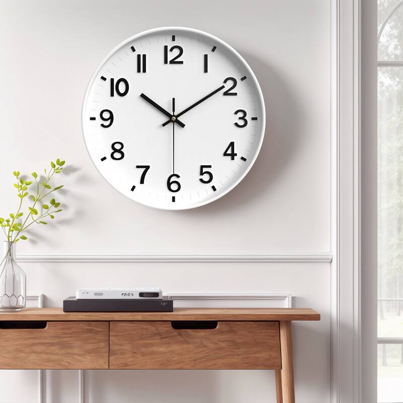 Simple Wall Clock, Big Arabic Numerals, Silent Non-Ticking Modern Battery Operated, Classic Decorative for Home 12x12x1.6 Inch - White