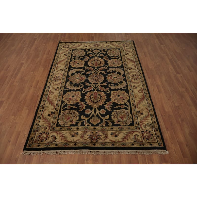 Hand Knotted Oriental 100% Wool Carpet Traditional Floral Black Agra Area Rug - 8' 4'' X 5' 5''