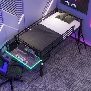 LED Loft Bed Twin Size with Desk and Ladder, Gaming Metal Bed