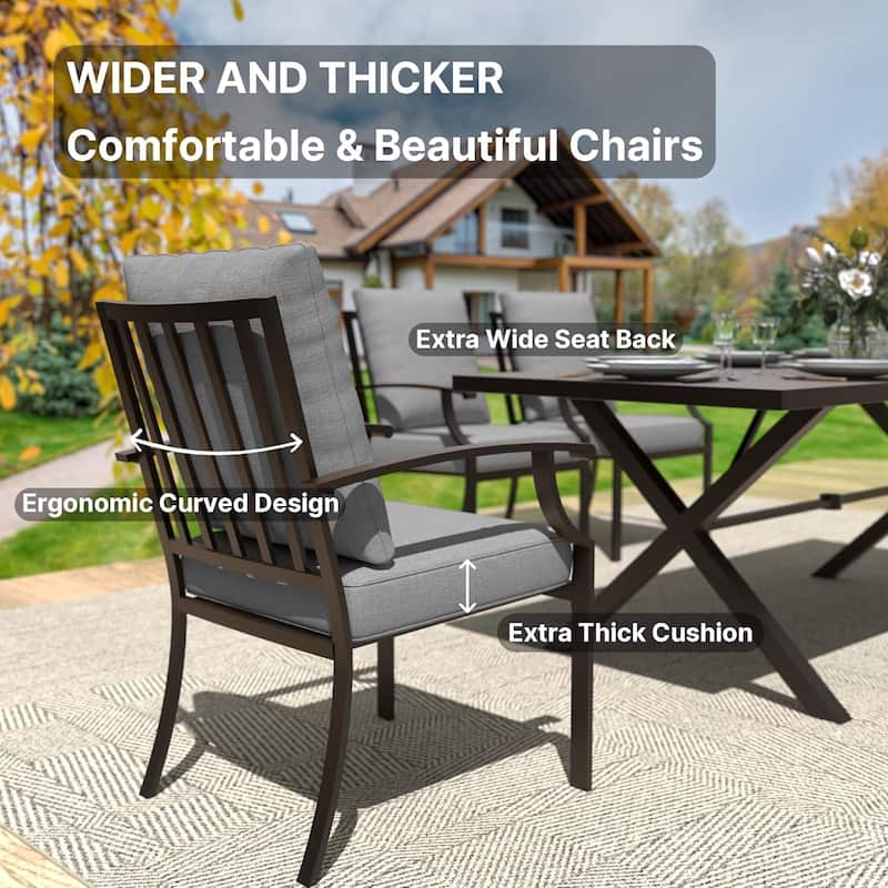 Kullavik 8 Pieces Outdoor Dining Set with 6 Single Chairs, X-Leg Table and Double-Sided Umbrella