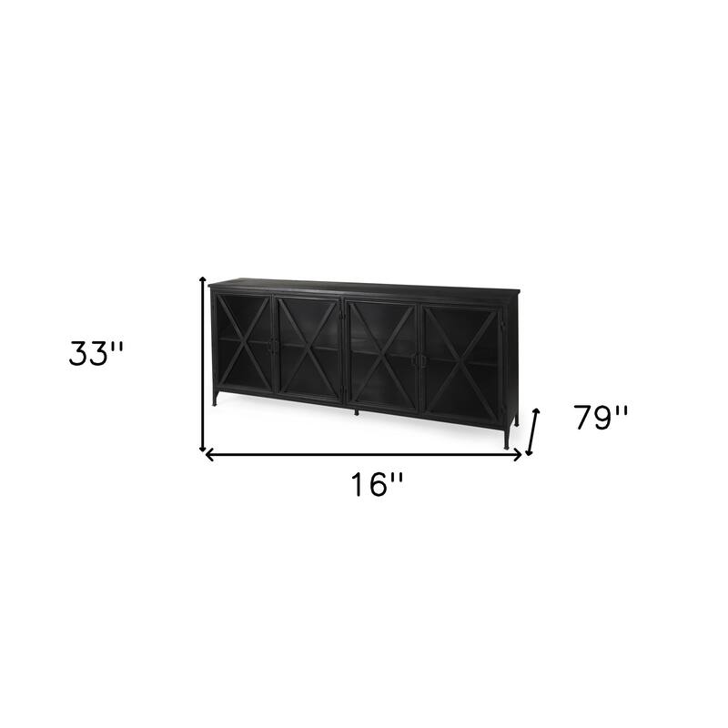 HomeRoots 79" Black Iron Sideboard with Four Glass Doors - 16' X '33' X '79