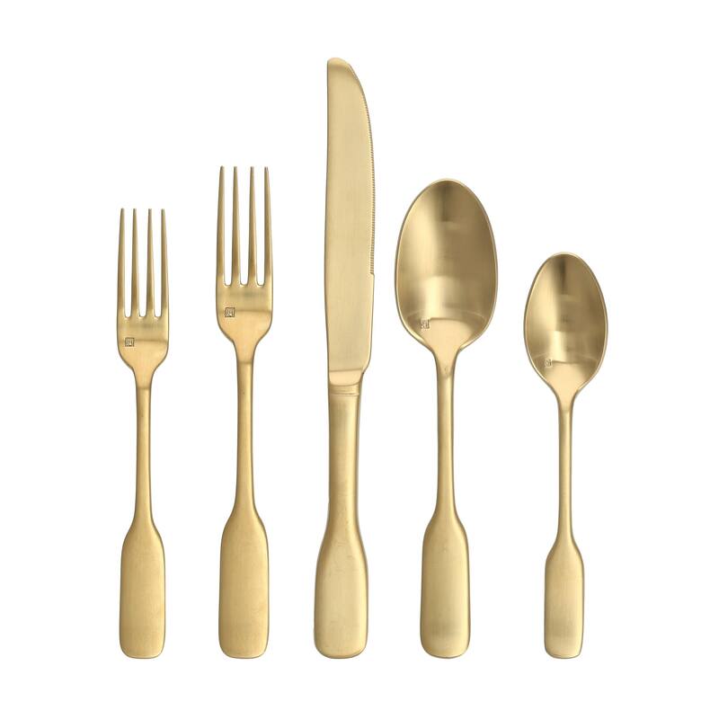 Fortessa Ashton 18/10 Stainless Steel, 5PC Flatware Set (Service for 1), Silver - 5 Piece Set - Brushed Gold - Service for 1