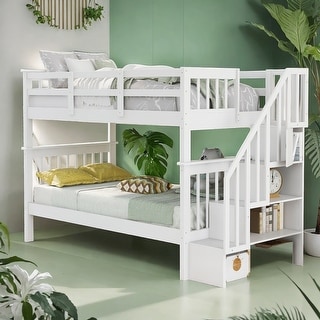 Stairway Twin over Twin Bunk Bed with Storage and Guard Rail for Bedroom, Dorm, Maximized Storage Space, White
