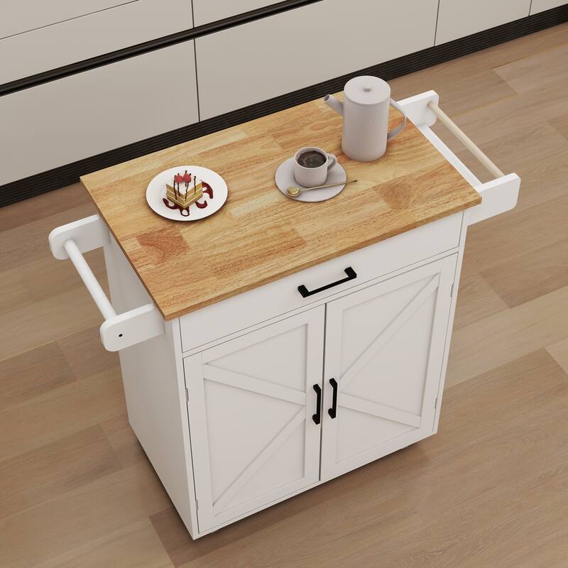 Anmytek Farmhouse Kitchen Island Cart with Bamboo Top and Wheels - Rolling Kitchen Storage with Extendable Shelves