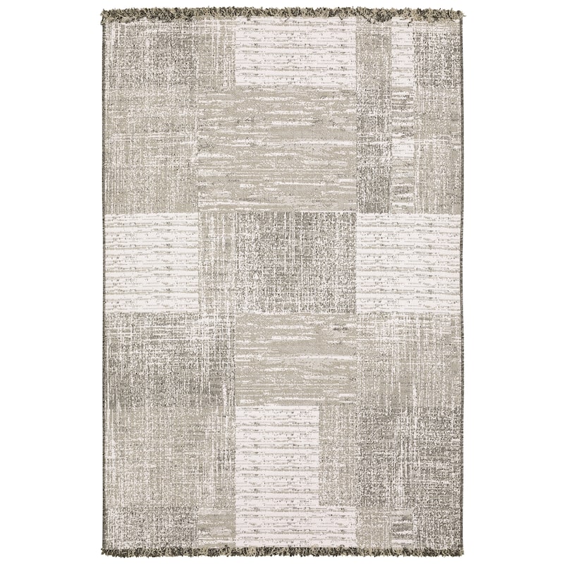 Style Haven Grayton Textured Geometric Beige/ Black Indoor-Outdoor Fringe Edge Rug - 6'7" x 9'2"