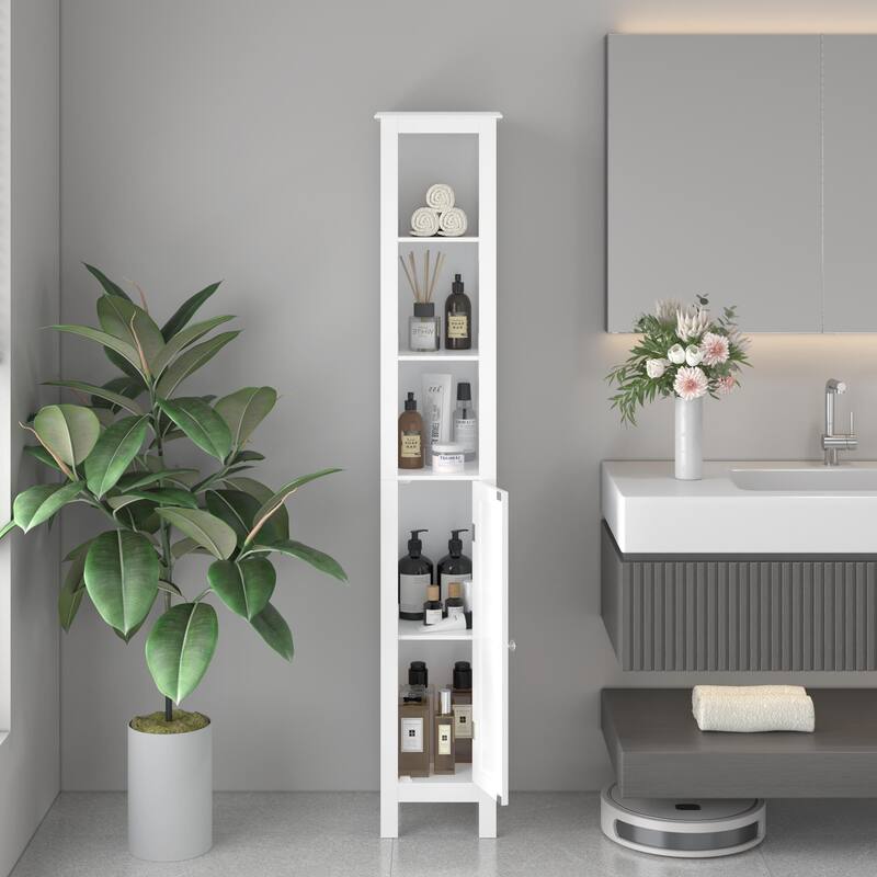 Tall Bathroom Floor Cabinet Slim Display Cabinet with Open Compartments, Side Cabinet Medicine Cabinet with Door