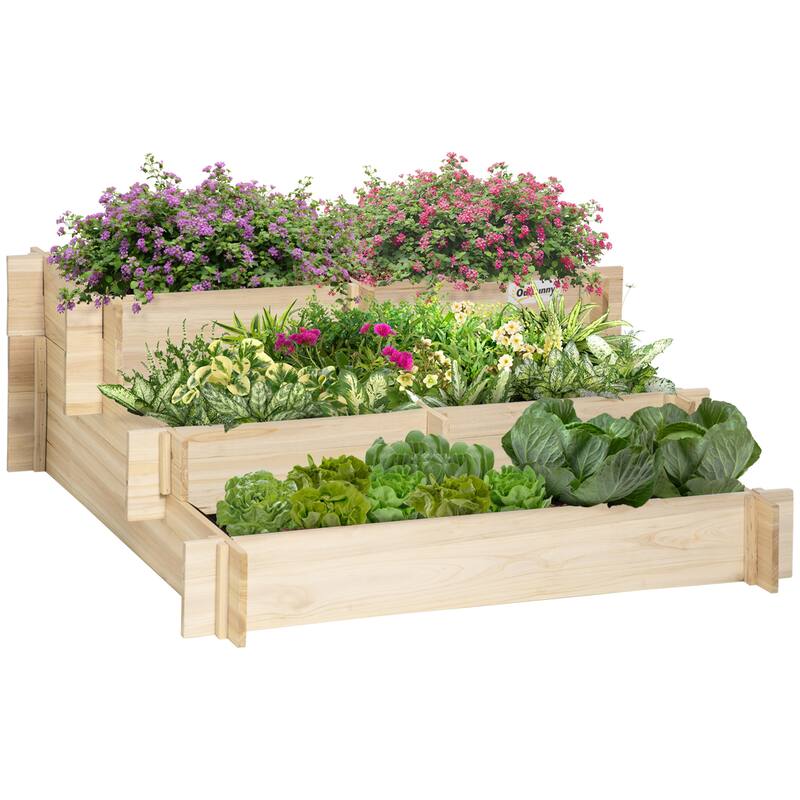 Outsunny 3-Tier Wood Raised Garden Bed with Non-woven Fabric inside, Elevated Planting Box, Outdoor Vegetable Flower Container