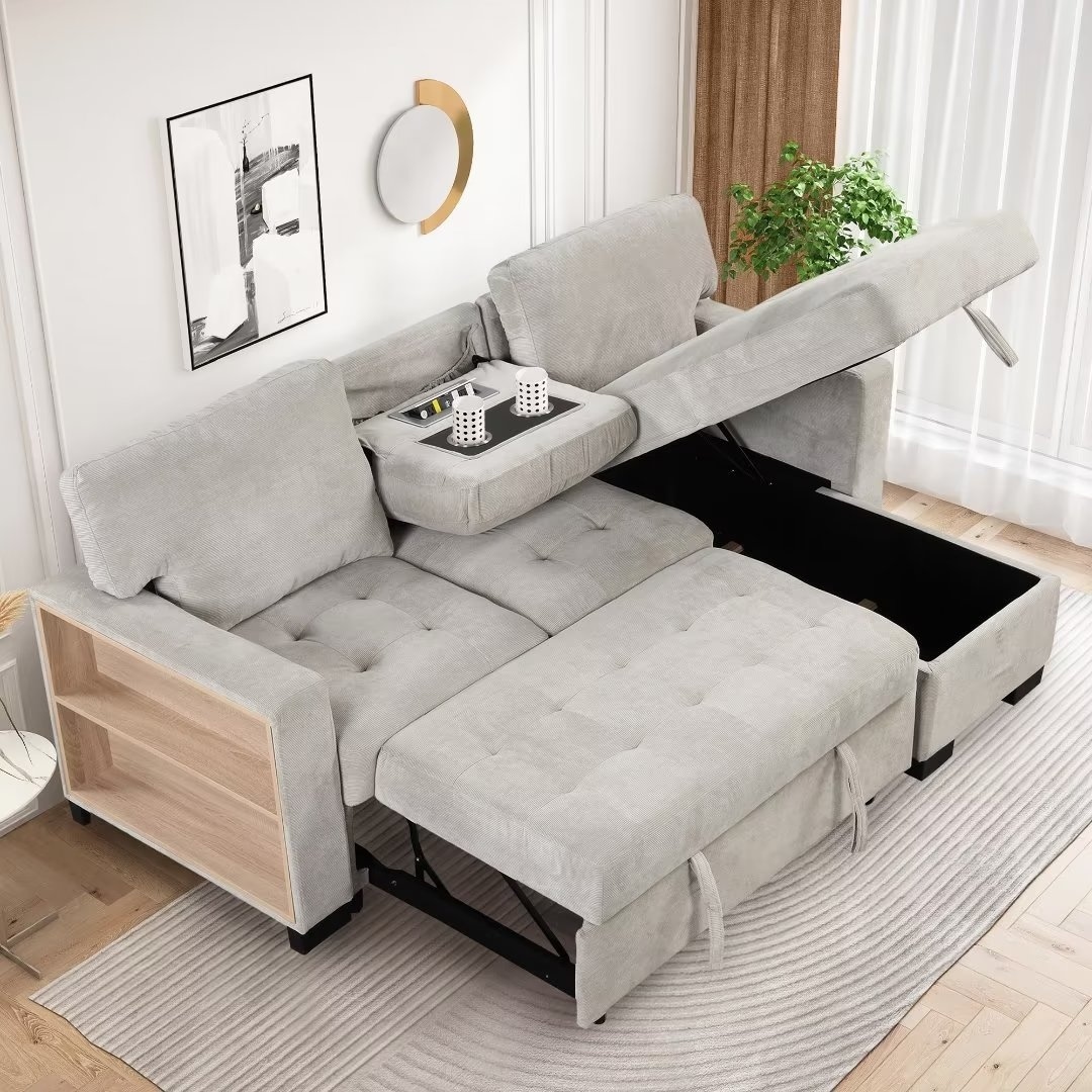 Chaise Lounge with Storage Rack Pull out Bed Drop Down Table and
