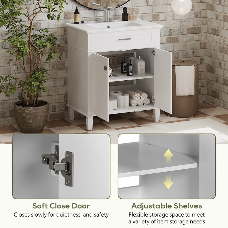30" Bathroom Vanity with Ceramic Sink, Soft-Close Doors, Adjustable Shelf, 4" Faucet Ready