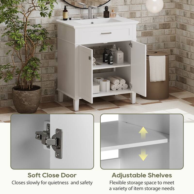 30-inch bathroom vanity with ceramic basin, soft close door and adjustable shelves