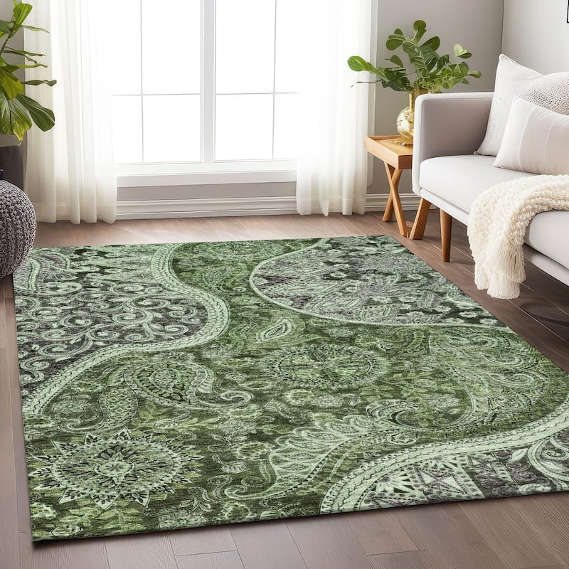 Machine Washable Indoor/ Outdoor Modern Paisley Chantille Rug - Olive - 5' x 7'6"