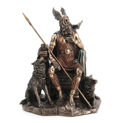 10.24" H ODIN SITTING WITH WOLVES AND CROWS Cold Cast Bronze - 7.09"x8.66"x10.24"