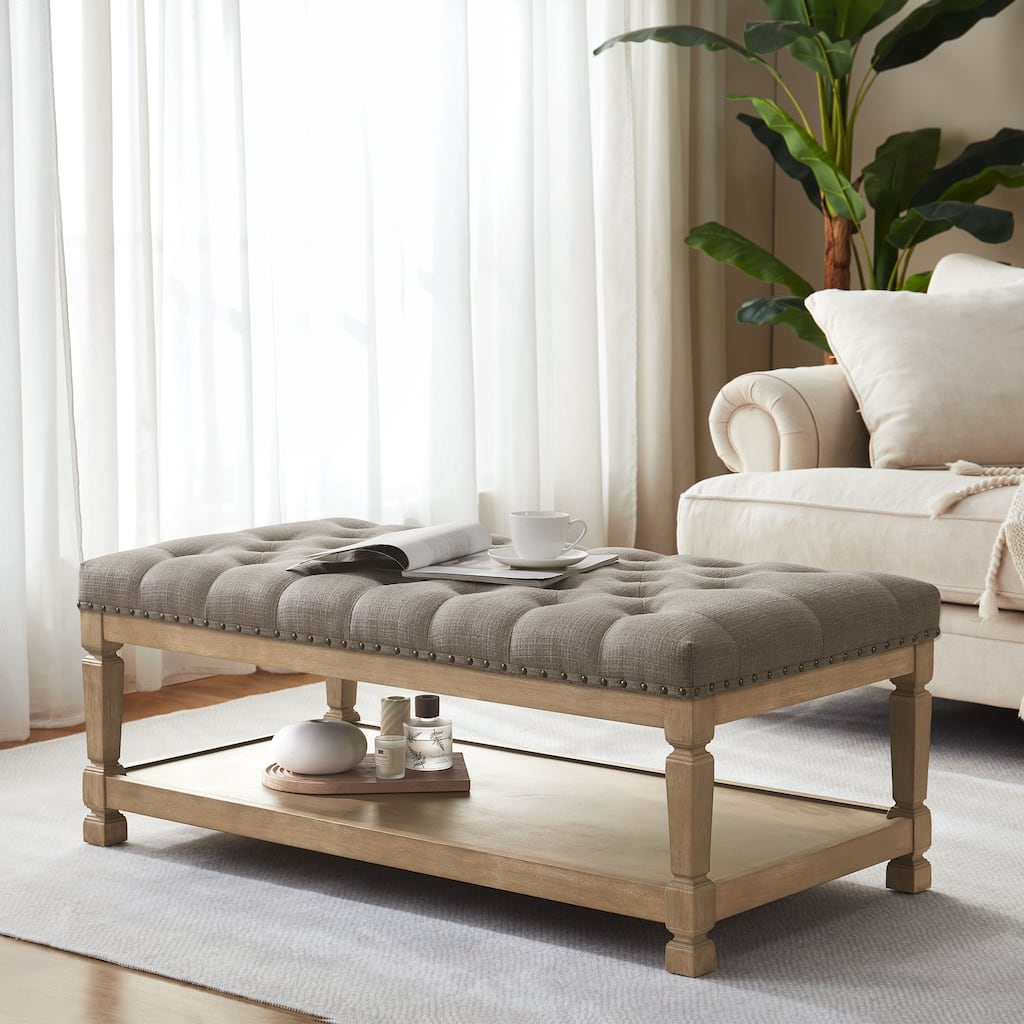 Tufted Upholstered Coffee Table Ottoman with Wooden Shelf, Fabric Bench for Living Room