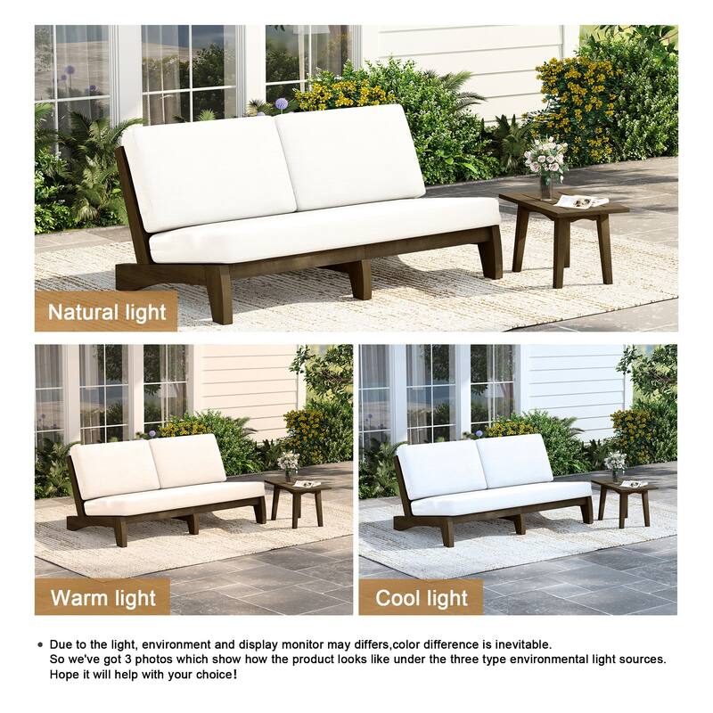 2-Piece Casual Teak Outdoor Patio Sofa Set with Side Table