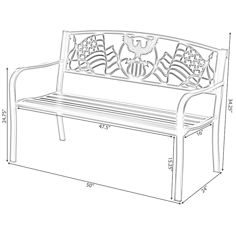 Steel Outdoor Patio Garden Park Seating Bench with Cast Iron "Patriotic American Flag and Eagle" Backrest, Front Porch Bench