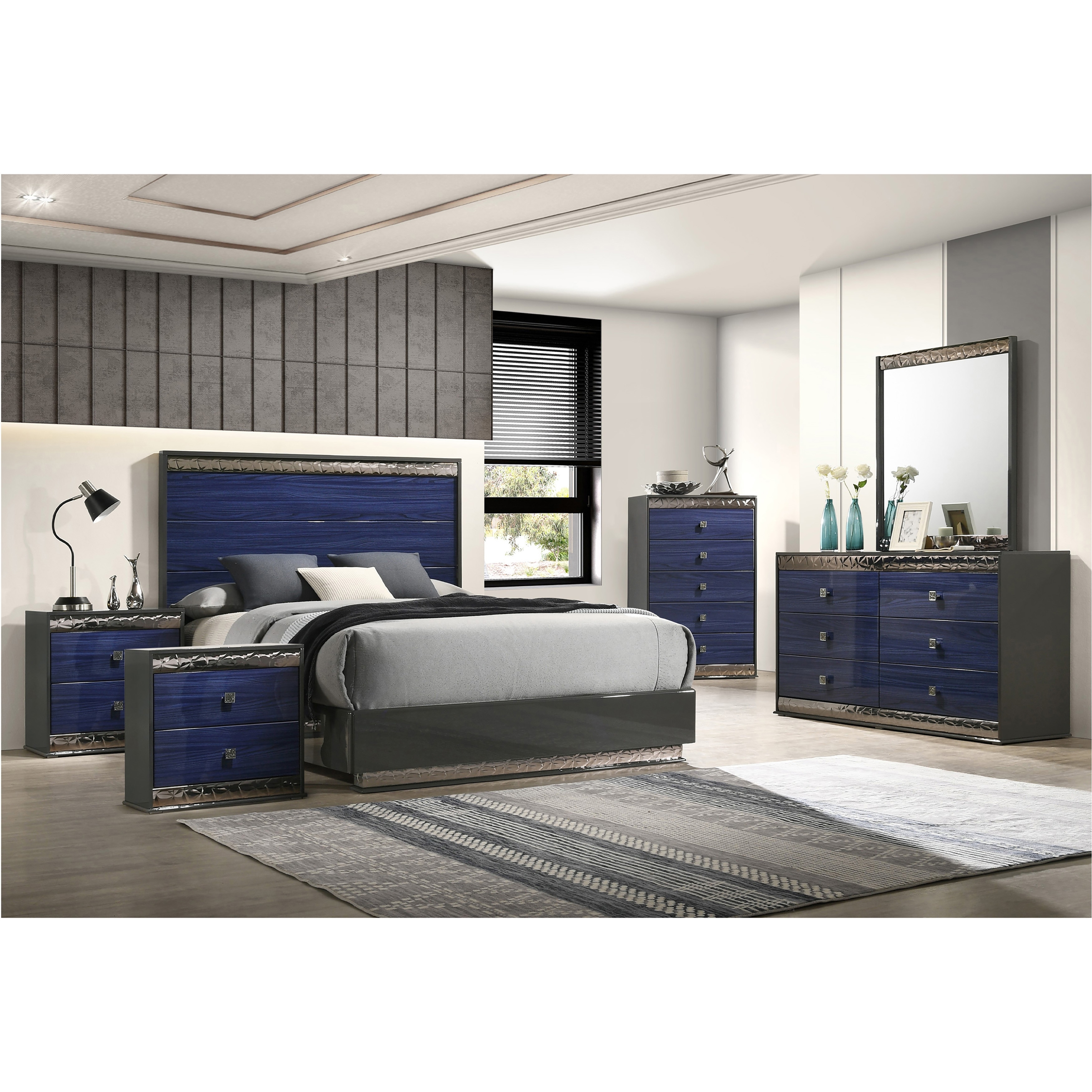 Furniture of America Luzen Glam 6-Piece Indigo Blue Wood King Platform Bedroom Set