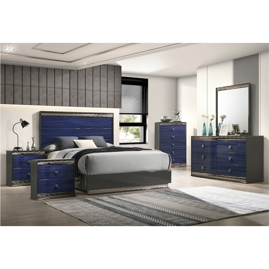 Furniture of America Luzen Glam 6-Piece Indigo Blue Wood King Platform Bedroom Set