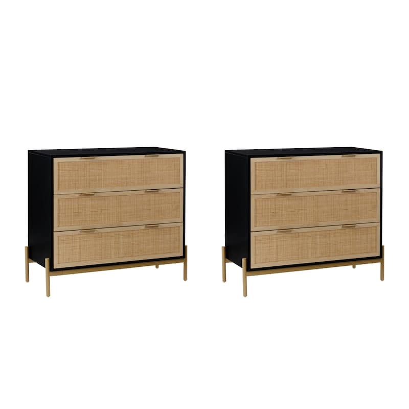 Andrew 3-Drawer Rattan Dresser or Bohemian Living Room Storage Cabinet with Natural Rattan Accent and Metal Legs