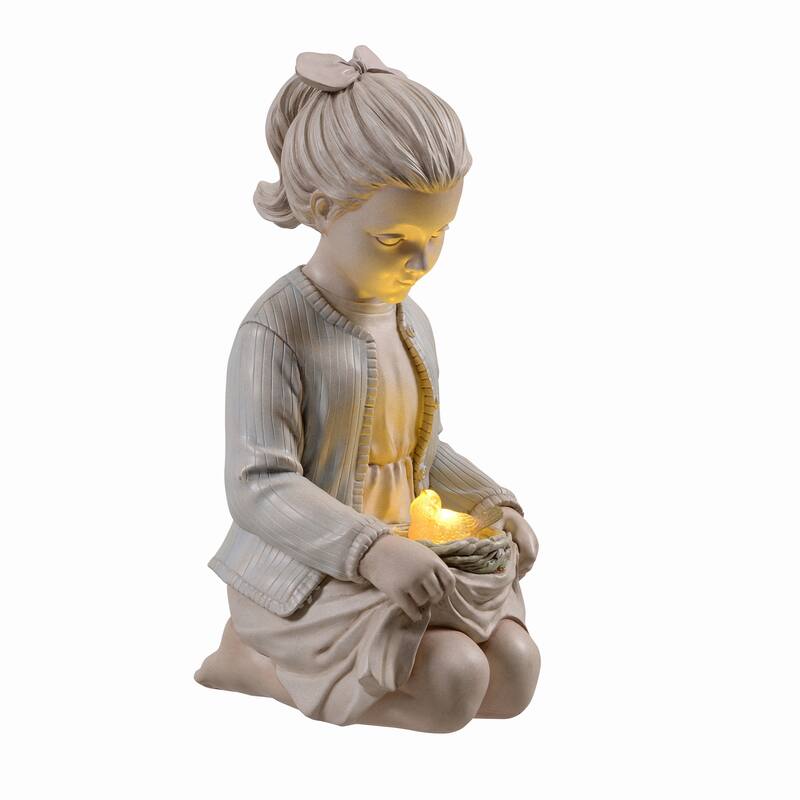 LED Solar Powered Sitting Girl with Bird Nest Outdoor Garden Statue - 16"