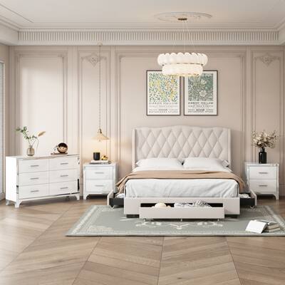 4-Pieces Bedroom Sets Queen Size Bed with 2 Nightstands and Dresser