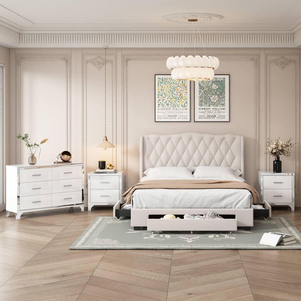 4-Pieces Bedroom Sets Queen Size Upholstered Bed, Platform Bed W/ Metal Legs High Gloss Mirrored Nightstands and Dresser, Beige