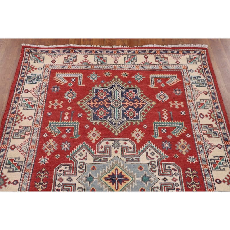Kazak Oriental Area Rug Hand-Knotted Red Wool Carpet - 4'1" x 5'11"