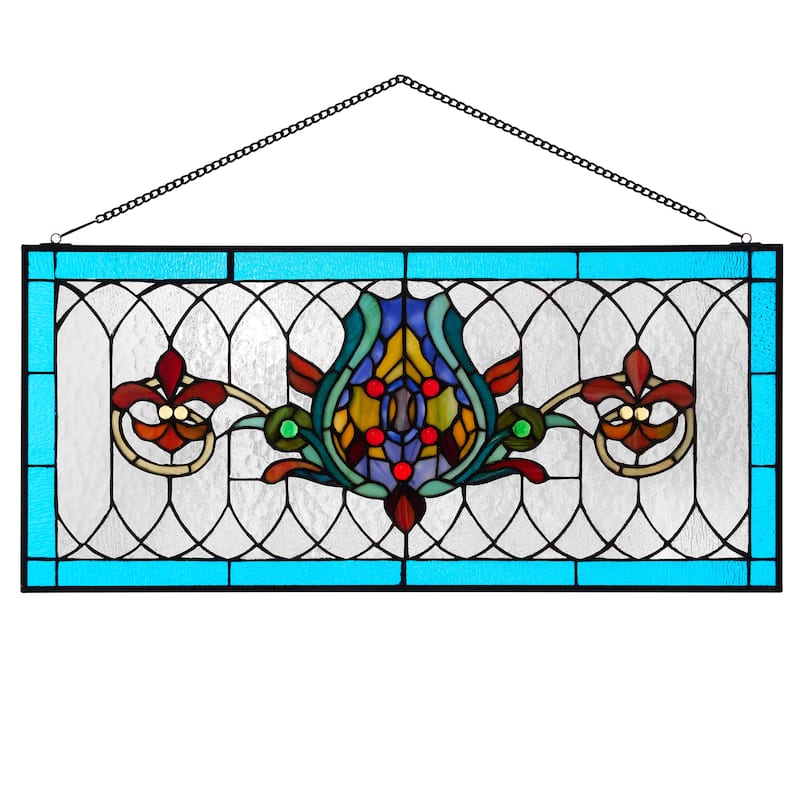 River of Goods Fleur De Lis Stained Glass Pub Window Panel - 30"L x 0.25"W x 14"H