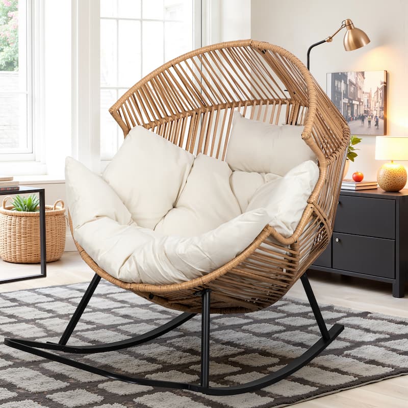 Futzca Wicker rocking egg chair (with cushions) - Yellow/Beige