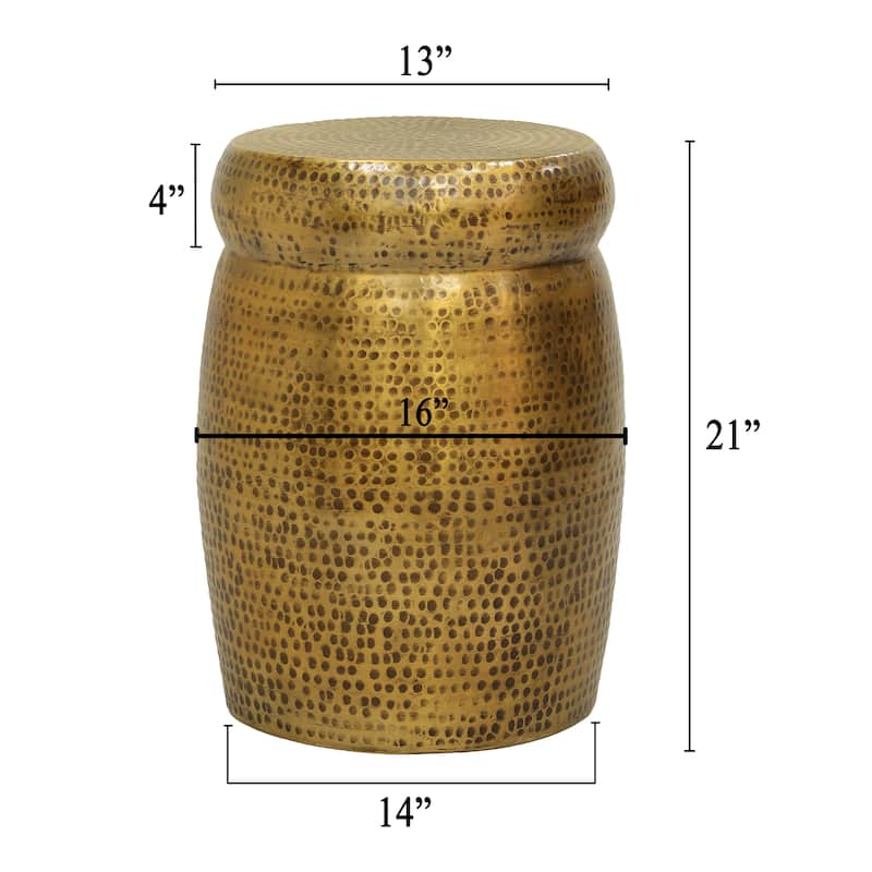 Kvira Round Drum Side End Table Artisan Hammered Embossed Texture Antique Gold Brass Finish