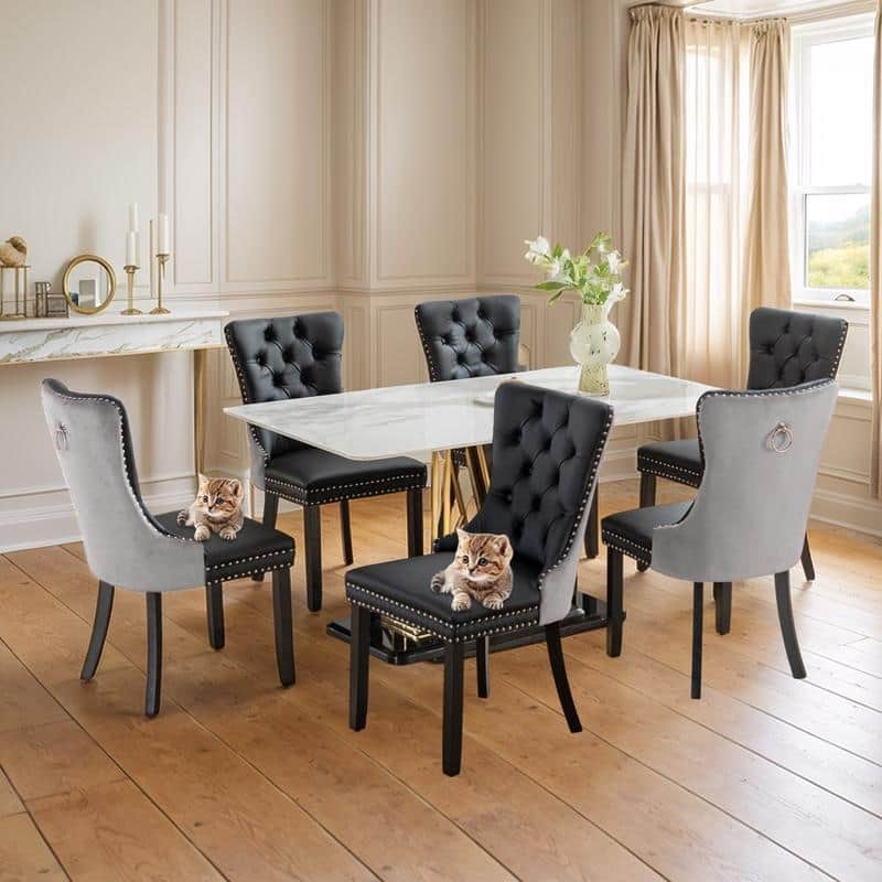 Modern Tufted Velvet Upholstered Nailhead Dining Chair Set of 6 - Black Grey