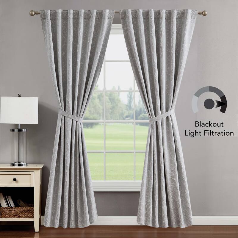Creative Home Ideas Collins Blackout Window Curtain, Room Darkening, Thermal Insulated, Branch, Back Tab, 2 Panels, 2 Tiebacks