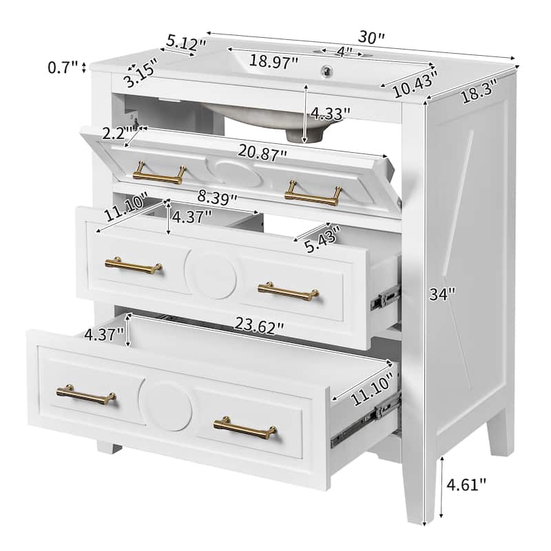 30" Freestanding Vanity - Solid Wood Frame, Ceramic Sink & 3 Drawers