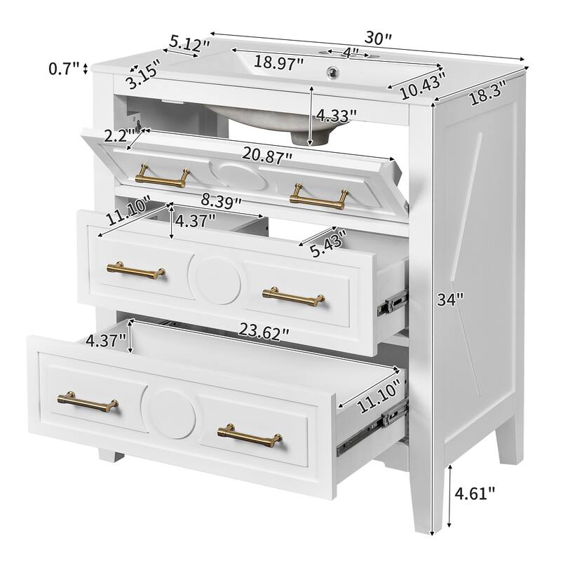 Roomfitters 30" Vanity with Ceramic Sink, Solid Wood Cabinet with 3 Drawers, Freestanding Bathroom Storage Unit